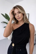Women's Black Asymmetrical One-Shoulder Draped Blouse with Gold Accessory Details HZL26S-FRY123751