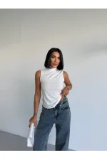Women's White Turtleneck Sleeveless Sandy Crop Blouse HZL26S-FRY123931 Women's White Turtleneck Sleeveless Sandy Crop Blouse HZL26S-FRY123931