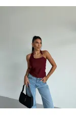 Kadın Bordo Ottoman Kumaş Halter Yaka Toka Detay Bluz HZL26W-FRY123321