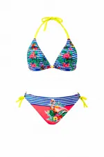 Kız Çocuk Mavi Pembe Flamingo Glow Desenli  6-14 Yaş Üçgen Bikini Takım HZL26S-LC9018