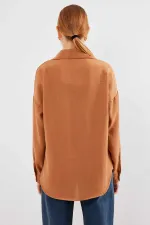 Kadın Camel Tek Cepli Oversize Keten Ayrobin Gömlek HZL24S-BD1201531
