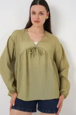 Kadın Önü Bağcıklı Uzun Kol Bluz 946 - Çağla