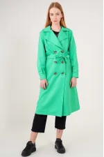 Women's Green Double-Breasted Belted Unlined Seasonal Casual Trench Coat HZL22S-BD158531