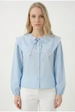 Kadın Açık Mavi Bebe Yaka Düğmeli Şık Günlük Gömlek HZL26S-BD1203141