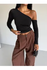 Kadın Siyah Asimetrik Yaka Drapeli Sandy Bluz HZL25S-FRY123361