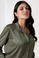 Kadın Haki Hafif Dökümlü Saten Yüzeyli Gömlek Hzl22w-bd139641