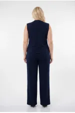 Kadın Lacivert Büyük Beden V Yaka Yelek Pantolon İkili Takım HZL26S-PR12131