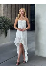 Women's White Halter Neck Strapless Asymmetrical Lined Lace Dress HZL25S-ZK13671