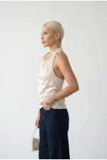 Kadın Krem Halter Yaka Saten Kumaş Sırt Dekolteli Bluz HZL26W-FRY123801