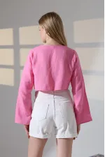 Kadın Pembe Önden Bağlamalı Müslin Kumaş Crop Bluz HZL25S-DSB104071