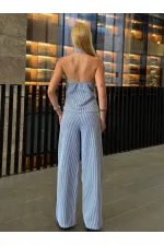 Kadın İndigo Çizgili Önü Fermuarlı Bluz Pantolon İkili Takım HZL25S-ZK13691
