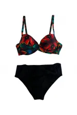 Women's Black Red Floral Patterned Lined Plus Size Bikini Set HZL25S-LC24108