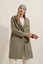 Manteau élégant en cachemire kaki pour femme, doublé, à un bouton et deux poches, HZL23W-BD190851