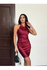 Women's Burgundy Halter Neck Satin Fabric Backless Mini Dress HZL26W-FRY123631