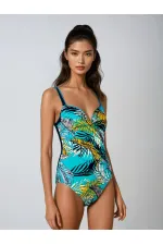 Maillot de bain drapé latéral bleu marine, turquoise et jaune, motif plumes, pour femme, HZL25S-LC6243