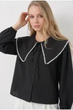 Kadın Siyah Bebe Yaka Düğmeli Şık Günlük Gömlek HZL26S-BD1203141