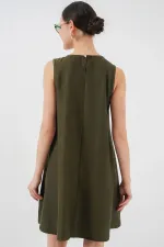 2444 Mini Keten Elbise - Haki