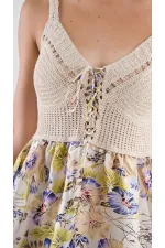 Kadın Mor Önden İp Bağlamalı Ajurlu Model Saten Yüzeyli Mini Elbise HZL24S-YY250