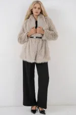 5186 Kruvaze Peluş Kürk Kaban - Krem