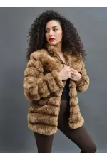 Kadın Camel Şık Peluş Suni Kürk Ceket HZL23W-DSB110061