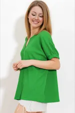 Kadın Koyu Yeşil Polo Yaka Geniş Kesim Örme Bluz HZL24S-BD104861