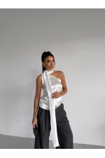 Chemisier asymétrique en satin blanc pour femme, col châle et encolure à nouer HZL26W-FRY123731