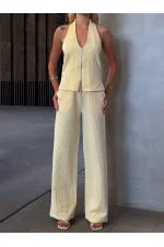 Kadın Sarı Çizgili Önü Fermuarlı Bluz Pantolon İkili Takım HZL25S-ZK13691