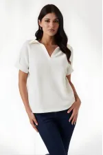 Kadın Ekru Polo Yaka Geniş Kesim Örme Bluz HZL24S-BD104861