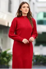 Robe longue en maille côtelée rouge à col zippé pour femme HZL24W-BD1102271