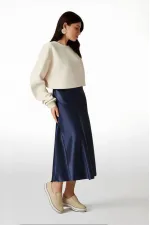 Kadın Lacivert Saten Yüzeyli Beli Lastikli Midi Boy Etek Hzl23s-bd1101471