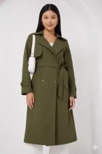 Women's Khaki Double-Breasted Belted Lined Trench Coat HZL25W-BD159181