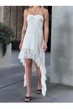 Women's White Halter Neck Strapless Asymmetrical Lined Lace Dress HZL25S-ZK13671
