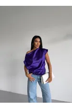 Kadın Mor Tek Omuz Asimetrik Kesim Saten Bluz HZL26W-FRY121171