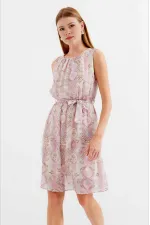 Kadın Pembe Krem Kuşaklı Beli Lastikli Desenli Sıfır Kol Şifon Elbise HZL24S-BD125011