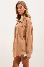 20153 Tek Cepli Oversize Keten Gömlek - Bisküvi