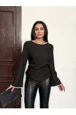 Kadın Siyah İp Bağlamalı Biye Detaylı Uzun Kollu Keten Bluz HZL25W-FRY123691