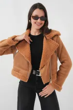 5155 Double-Breasted Faux Fur Leather Jacket - Dark Brown