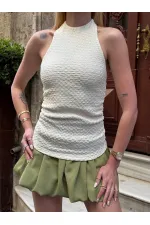 Kadın Krem Boyundan Bağlamalı Gofre Kumaş Bluz HZL25S-ZK13631