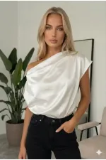 Women's White One-Shoulder Asymmetrical Satin Blouse HZL26W-FRY121171