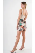 Kadın Yeşil Desenli Saten Yüzeyli V Yaka Halka Detaylı Kuşaklı Mini Elbise HZL24S-YY250