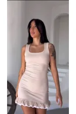 Kadın Krem Eteği Fırfırlı Burgu Kumaş Mini Elbise HZL25S-FRY122971