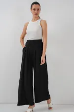 Pantalon plissé à jambes larges pour femme 6718 - Noir