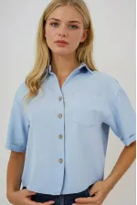 Kadın Mavi Keten Görünümlü Crop Gömlek HZL25S-BD1203391
