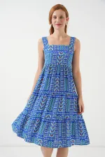 Robe midi à bretelles à motifs pour femme 2577 - Bleu marine