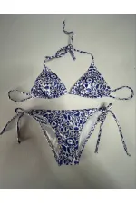 Women's Tile Pattern Blue White Patterned Neckline Triangle Bikini Set HZL25S-LC5005