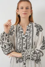 Kadın Desenli Uzun Tesettür Elbise 2585 - Taş