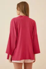 Veste texturée rose à col rabattu et ouverture sur le devant pour femme HZL22S-BD158621