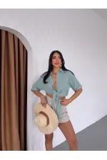 Kadın Çağla Yeşil Bağlama Detaylı Müslin Keten Bluz HZL25S-DSB1212