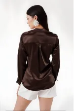 Women's Brown Lightweight Flowing Satin Finish Shirt HZL22W-BD139641