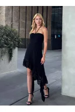 Kadın Siyah Boyundan Bağlamalı Straplez Asimetrik Astarlı Dantel Elbise HZL25S-ZK13671